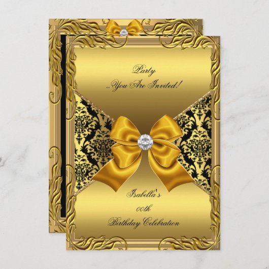 Invitation Damask Gold Bronze Diamond Black Anniversaire Part (Devant / Derrière)