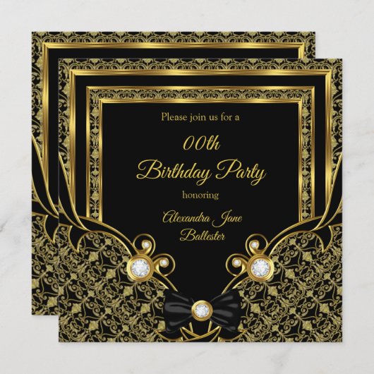Invitation Damask Gold Diamond Black Bow fête d'anniversaire (Devant / Derrière)