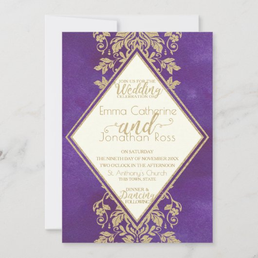 Invitation Damask Gold et Royal Purple Mariage (Devant)