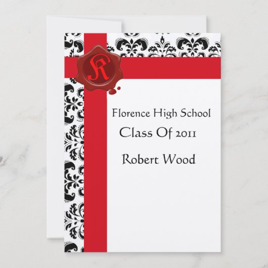 Invitation DAMASK GRADUTY PARTY Red Wax Seal Monogramme (Devant)