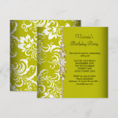 Invitation Damask Green Avocado Blanc Anniversaire Party Gold (Devant / Derrière)