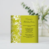 Invitation Damask Green Avocado Blanc Anniversaire Party Gold (Debout devant)