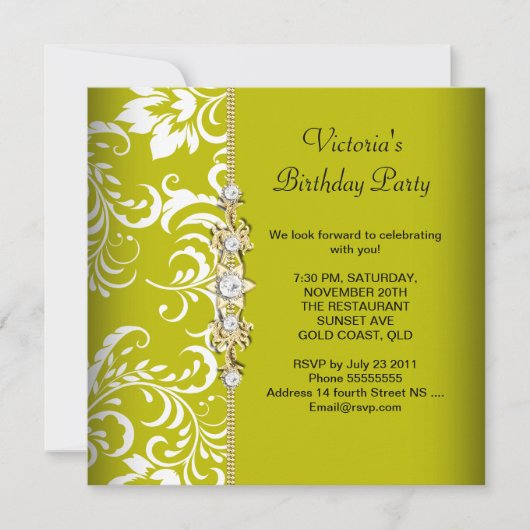Invitation Damask Green Avocado Blanc Anniversaire Party Gold (Devant)