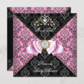 Invitation Damask gris noir rose princesse Baby shower fille (Devant / Derrière)