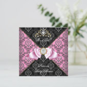 Invitation Damask gris noir rose princesse Baby shower fille (Debout devant)