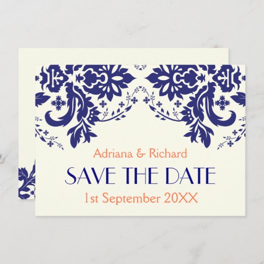 Invitation Damask marine bleu, mariage de corail Enregistrer (Devant / Derrière)