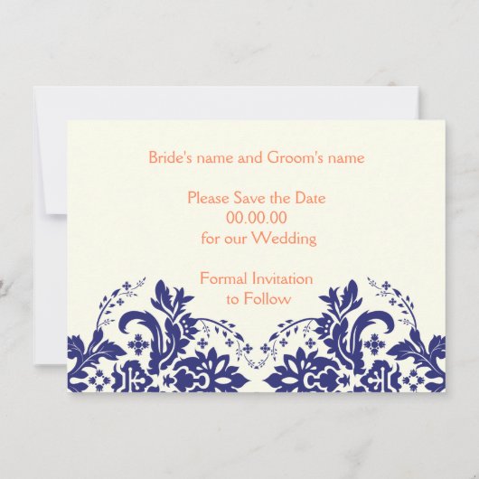 Invitation Damask marine bleu, mariage de corail Enregistrer  (Dos)