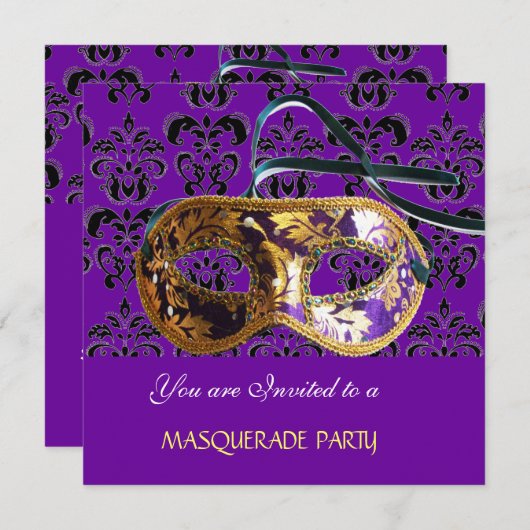 Invitation DAMASK MASQUERADE PARTY violet bleu (Devant / Derrière)
