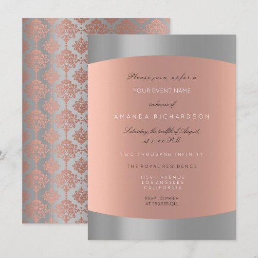 Invitation Damask Minimal Rose Gold Élégant Royal (Devant / Derrière)