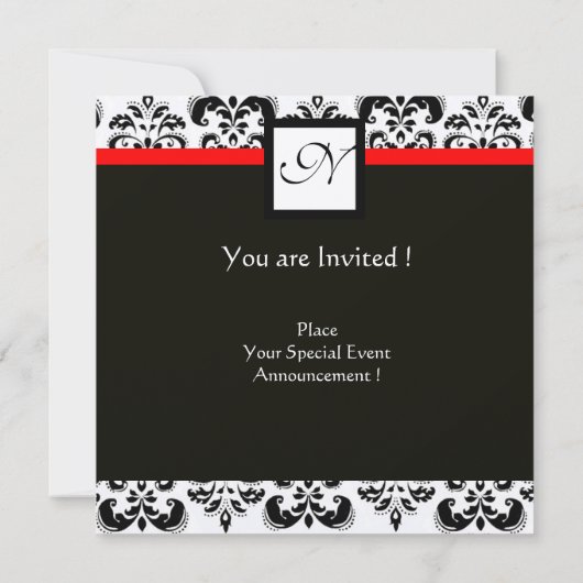Invitation DAMASK MONOGRAM, Noir, Blanc, Champagne Rouge Meta (Dos)