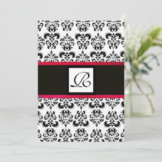 Invitation DAMASK MONOGRAM, noir blanc, rouge bordeaux (Debout devant)