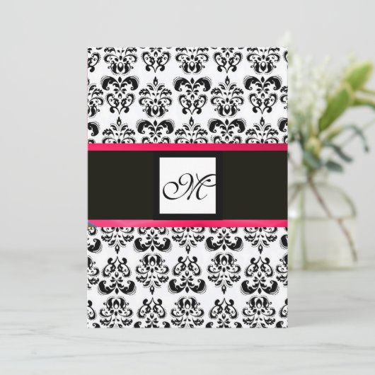 Invitation DAMASK MONOGRAM, noir et blanc, fuchsia rose (Debout devant)