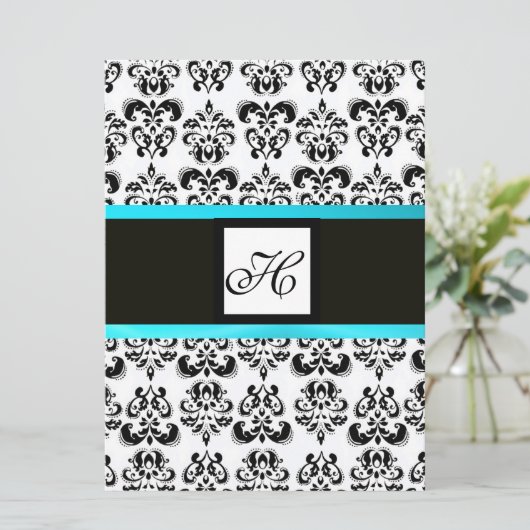 Invitation DAMASK MONOGRAM, noir et blanc, turquase bleue (Debout devant)