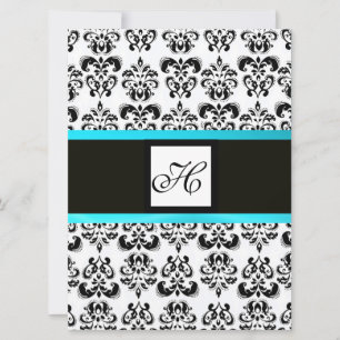 Invitation DAMASK MONOGRAM, noir et blanc, turquase bleue