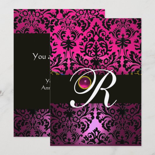 Invitation DAMASK MONOGRAM NOIR VIOLET ROSE Améthyste Fuchsia (Devant / Derrière)