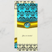 Invitation DAMASK MONOGRAMME PIERRE PRÉCIEUSE , turquoise ble (Devant / Derrière)