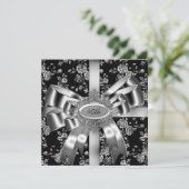 Invitation Damask Noir Blanc Bijou Arc Argent 40ème (Debout devant)