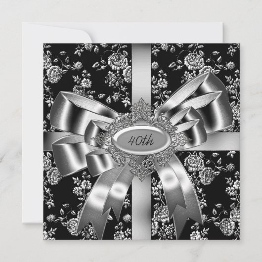 Invitation Damask Noir Blanc Bijou Arc Argent 40ème (Devant)