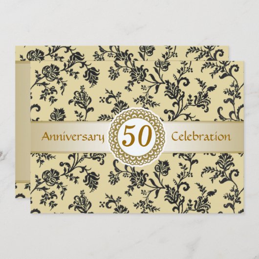 Invitation Damask Noir Doré, 50e Anniversaire de Mariage (Devant / Derrière)