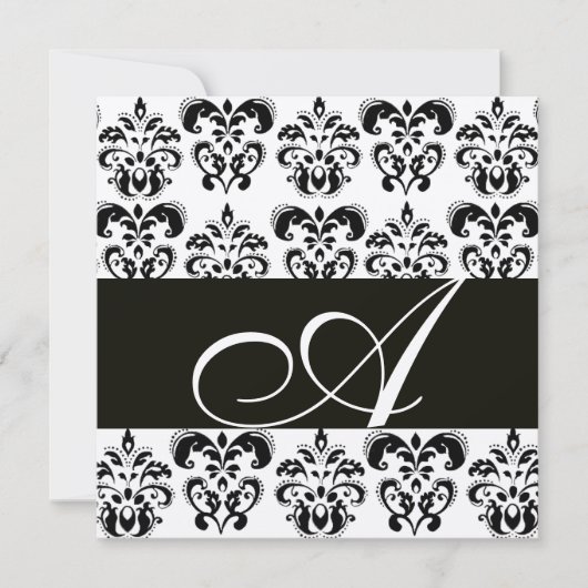 Invitation DAMASK NOIR ET BLANC MONOGRAMME Chanpagne métallis (Devant)