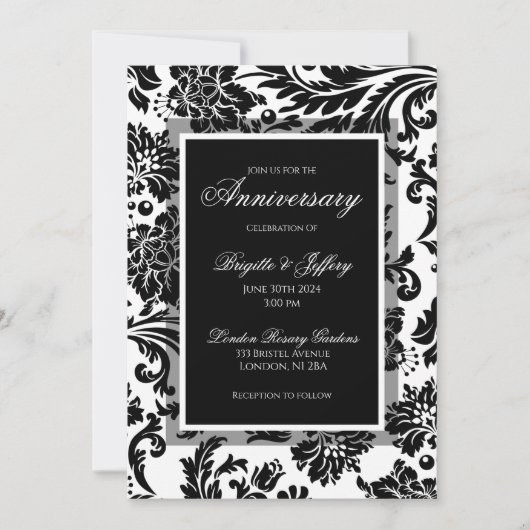 Invitation Damask noir et blanc sur mesure pour anniversaire  (Devant)
