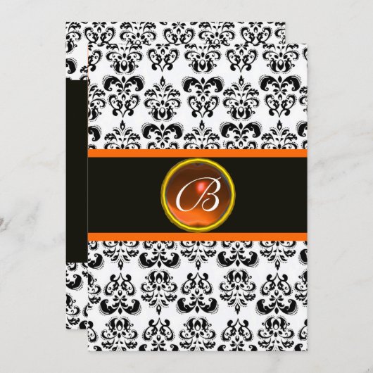 Invitation DAMASK ORANGE AGATE MONOGRAMME, noir et blanc (Devant / Derrière)