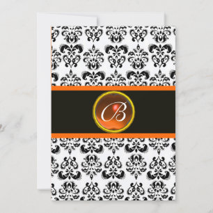 Invitation DAMASK ORANGE AGATE MONOGRAMME, noir et blanc