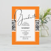Invitation Damask Orange Black Graduation Party (Debout devant)