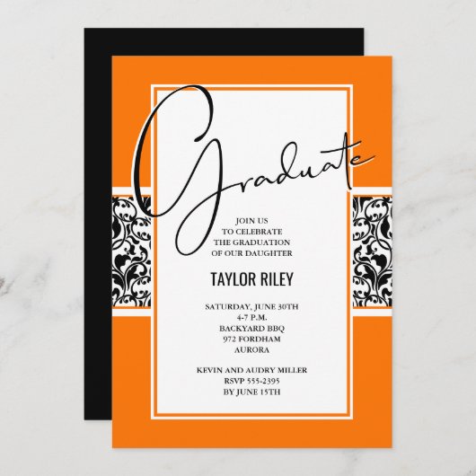 Invitation Damask Orange Black Graduation Party (Devant / Derrière)
