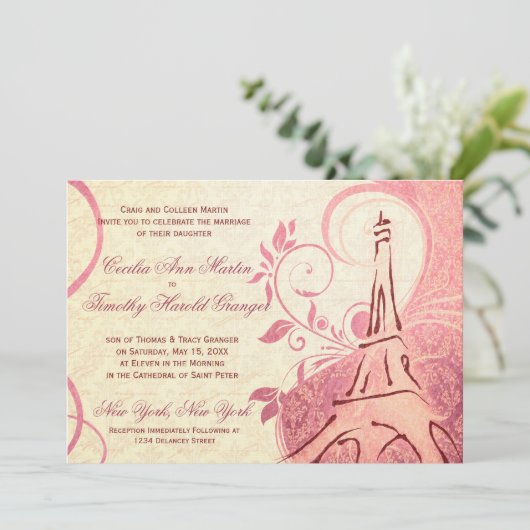 Invitation Damask Parisienne - Honeysuckle & Mariage ivoire (Debout devant)