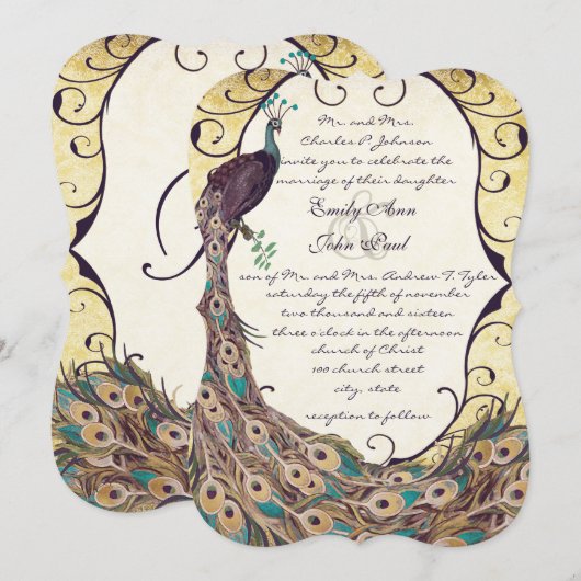 Invitation Damask Peacock Elegance Eggplant Gold et Aqua (Devant / Derrière)