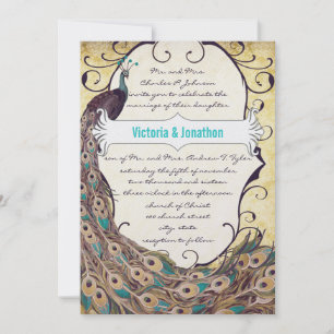 Invitation Damask Peacock Elegance Eggplant Gold et Aqua