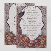 Invitation Damask Peacock Elegance Eggplant Rouge et Turquois (Devant / Derrière)