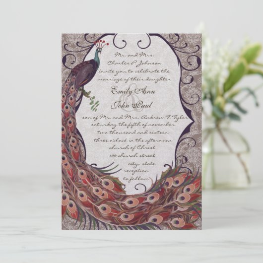 Invitation Damask Peacock Elegance Eggplant Rouge et Turquois (Debout devant)