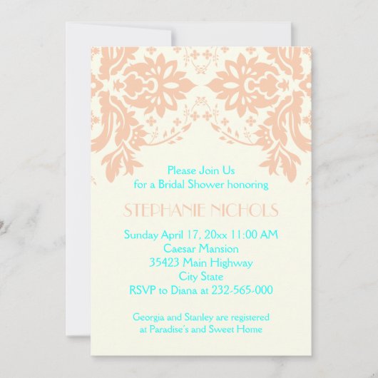 Invitation Damask pêche, aqua, ivoire mariage douche nuptiale (Devant)