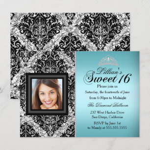 Invitation Damask photo sarcelle et noir Sweet 16