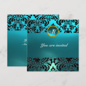 Invitation DAMASK PIERRE PRÉCIEUSE MONOGRAMME bleu aigue-mari (Devant / Derrière)