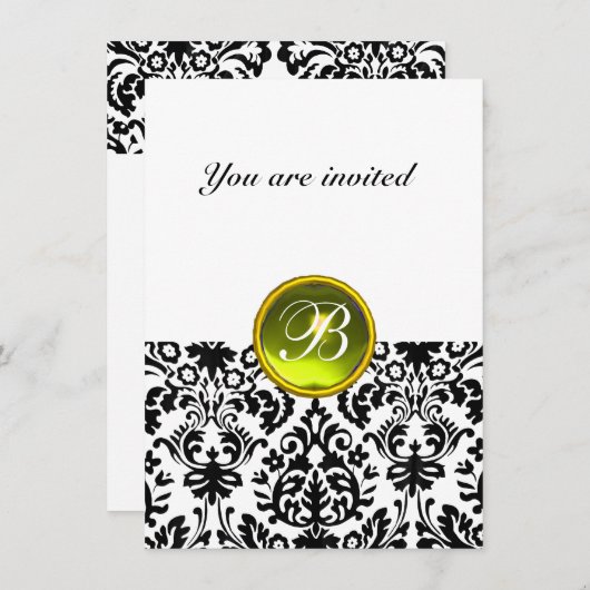 Invitation DAMASK PIERRE PRÉCIEUSE MONOGRAMME jaune blanc rsv (Devant / Derrière)