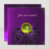 Invitation DAMASK PIERRE PRÉCIEUSE MONOGRAMME jaune violet (Devant / Derrière)