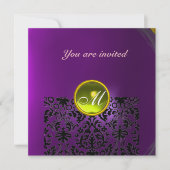 Invitation DAMASK PIERRE PRÉCIEUSE MONOGRAMME jaune violet (Devant)