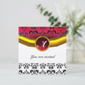 Invitation DAMASK PIERRE PRÉCIEUSE MONOGRAMME or rouge burgun (Debout devant)