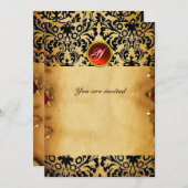 Invitation DAMASK PIERRE PRÉCIEUSE MONOGRAMME parchemin rouge (Devant / Derrière)