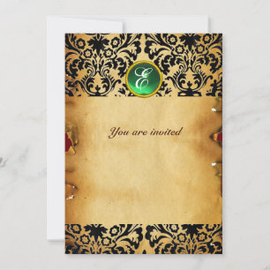 Invitation DAMASK PIERRE PRÉCIEUSE MONOGRAMME parchemin vert