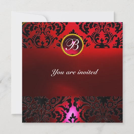 Invitation DAMASK PIERRE PRÉCIEUSE MONOGRAMME rouge burgundi (Devant)