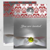 Invitation DAMASK PIERRE PRÉCIEUSE MONOGRAMME ruban blanc gri (Devant / Derrière)