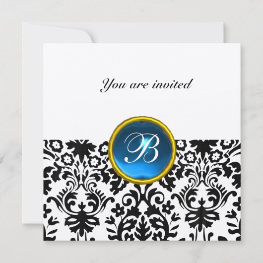 Invitation DAMASK PIERRE PRÉCIEUSE MONOGRAMME saphir bleu or (Devant)