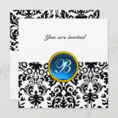 Invitation DAMASK PIERRE PRÉCIEUSE MONOGRAMME saphir bleu or (Devant / Derrière)
