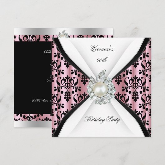 Invitation Damask Pink Pearl Diamond fête d'anniversaire (Devant / Derrière)