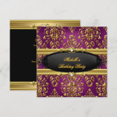 Invitation Damask Plum Anniversaire Party Gold Black Diamond (Devant / Derrière)