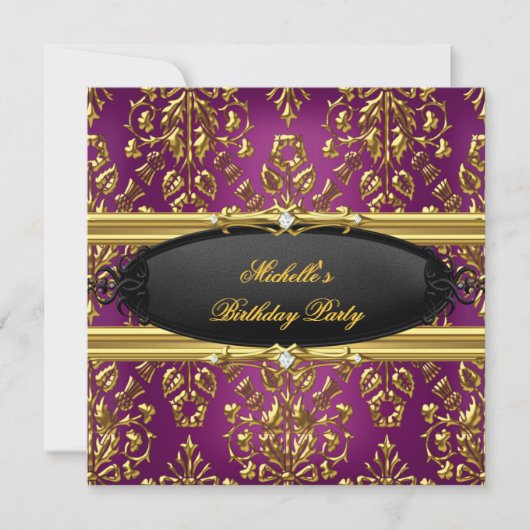 Invitation Damask Plum Anniversaire Party Gold Black Diamond (Devant)
